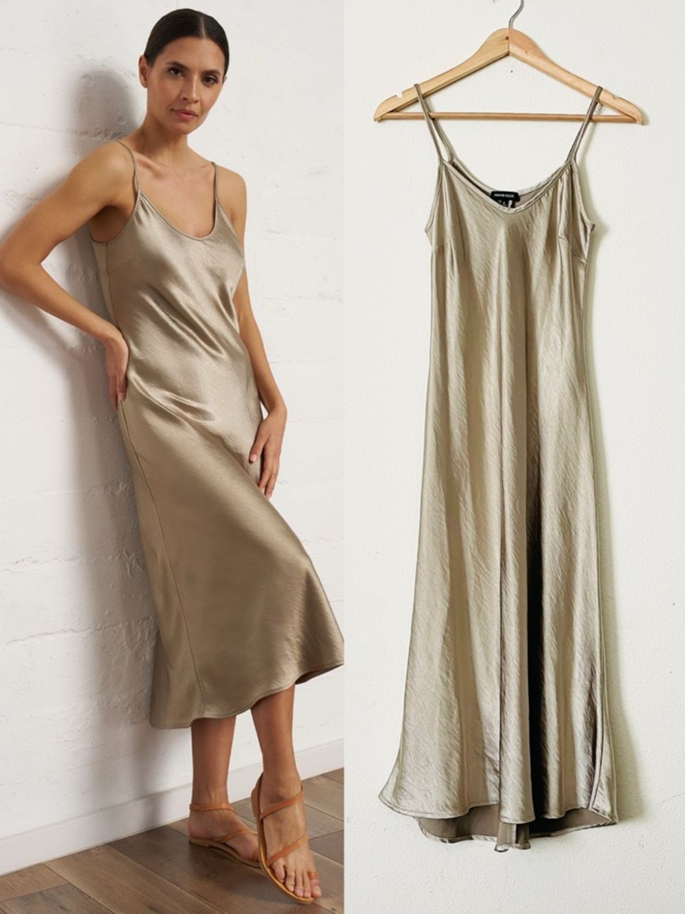 Frannie Golde SMALL Textured Satin slip midi dress in Sand gold color
